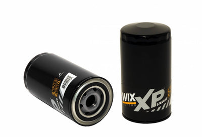 Two black Wix XP 5W30 oil filters, one standing upright and the other lying on its side, shown against a plain white background.